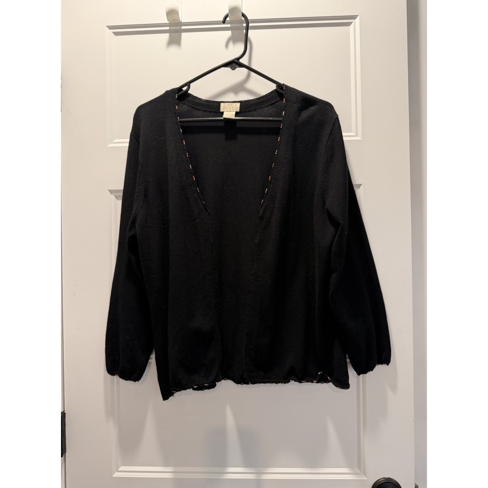 Sigrid Olsen Sport Black Beaded Trim V-Neck Sweater Women's L Boho Chic